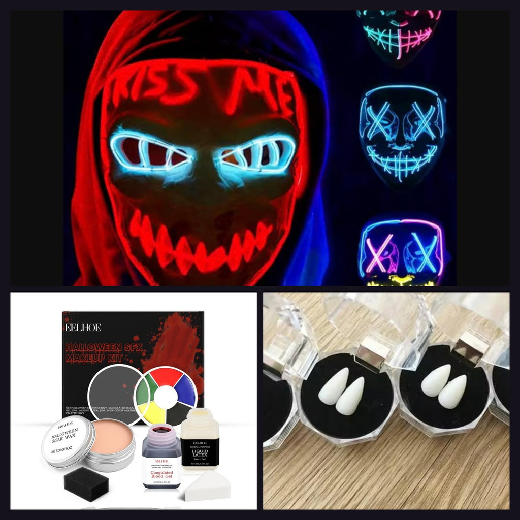 Pack Horreur : masque LED, kit maquillage SFX EELHOE et crocs de vampire