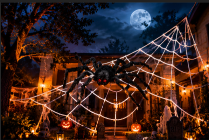 Toile d'araignée géante Halloween 5m installée en décoration extérieure