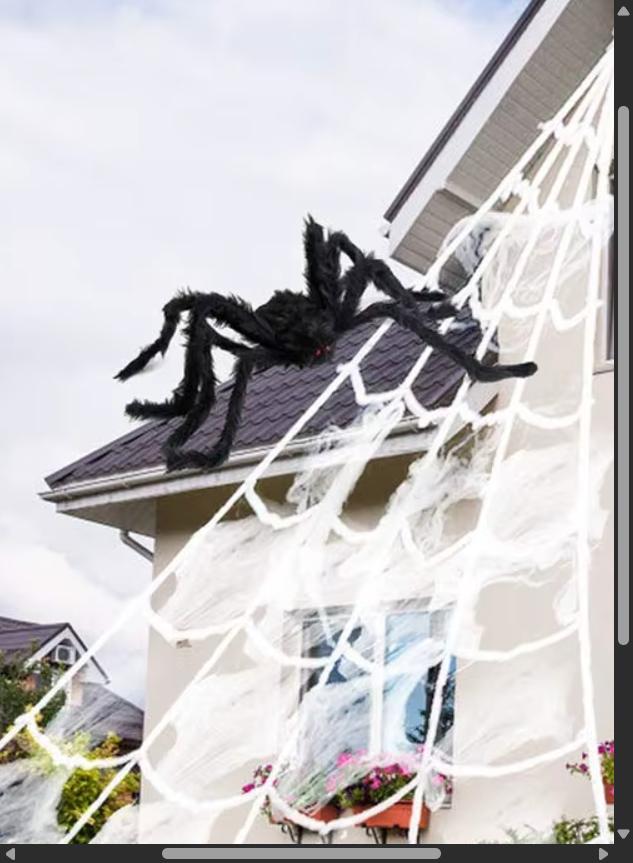 Toile d'araignée géante Halloween installée sur la façade d'une maison