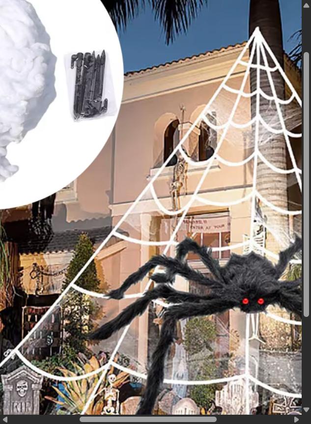 Détail du tissu extensible de la toile d'araignée Halloween avec ses fixations incluses